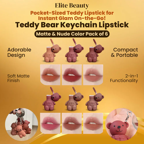 Pookie Bear Lip Gloss Keychain (Korean Formulation) - Pack of 6 (3 NUDE + 3 MATTE)